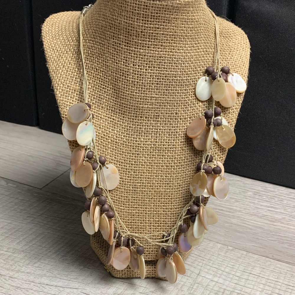 Chicos Mother of Pearl Shell Wood Bead Multi Strand Statement Necklace 20"